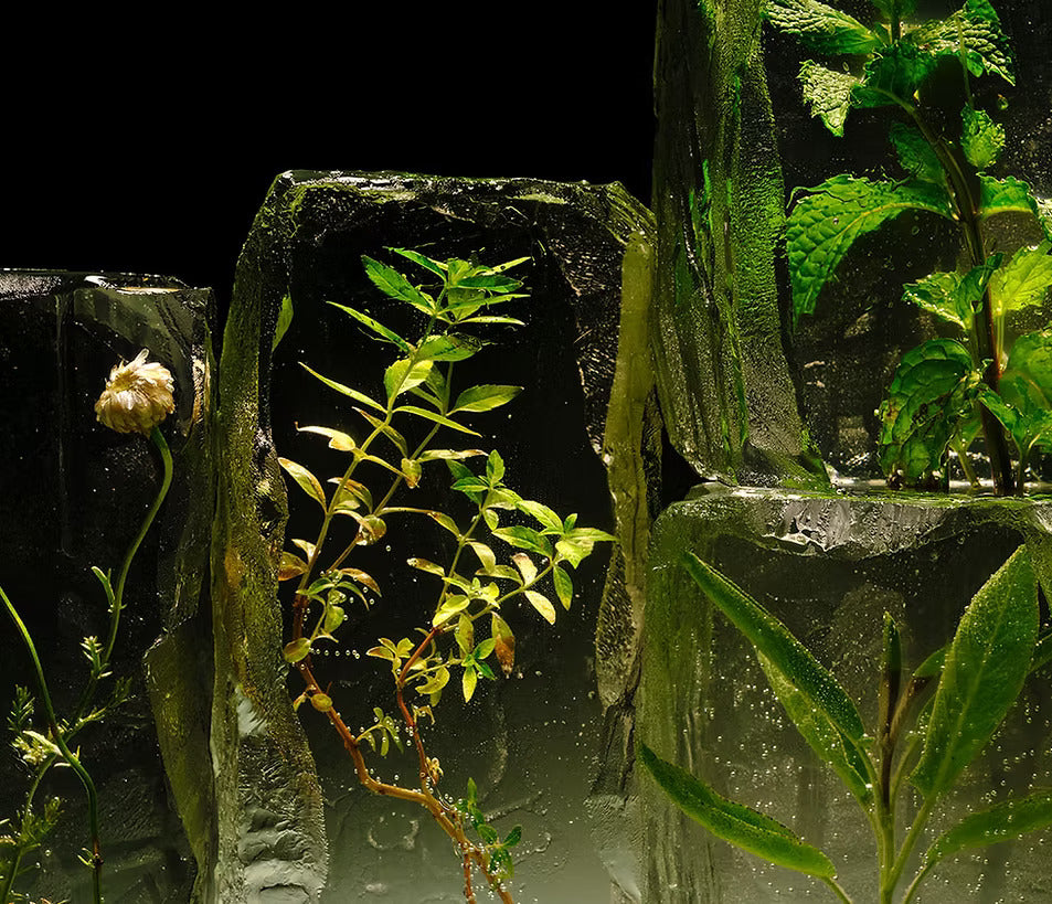 Leaves and flowers enclosed in transparent blocks, lit against a dark background